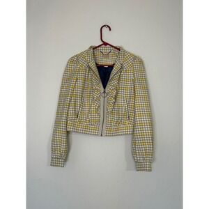 Adra Plaid Ruffle Trim Cropped Jacket Yellow Gray Size 0‎ Cute